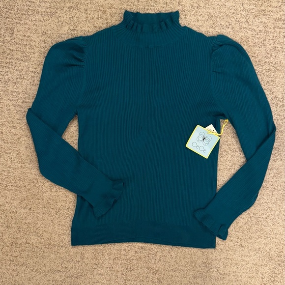CeCe Mock Neck Puff Shoulder Teal Sweater, NWT - Picture 2 of 6